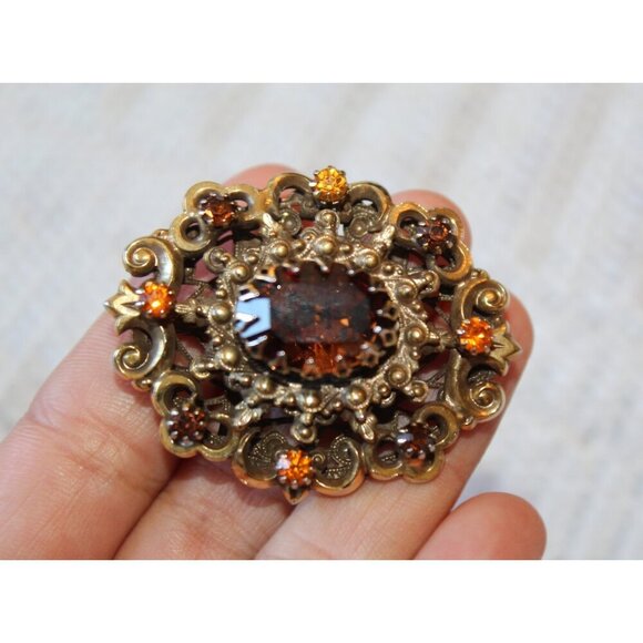 Vtg 80's Victorian Pendant & brooch Signed Hobe Had 20.7g Garnet Rhinestone - Picture 9 of 11